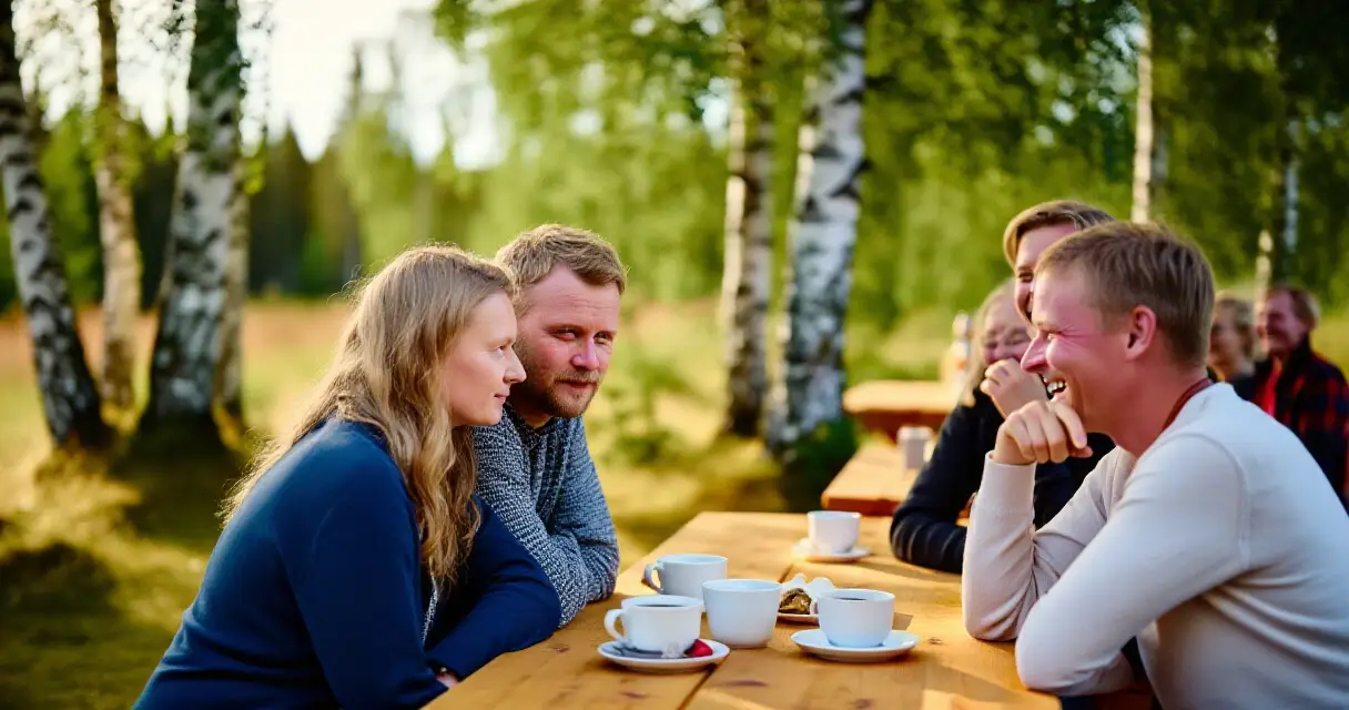 Pariskunta ja yst&auml;v&auml;porukka keskustelevat kes&auml;isess&auml; ulkoymp&auml;rist&ouml;ss&auml;