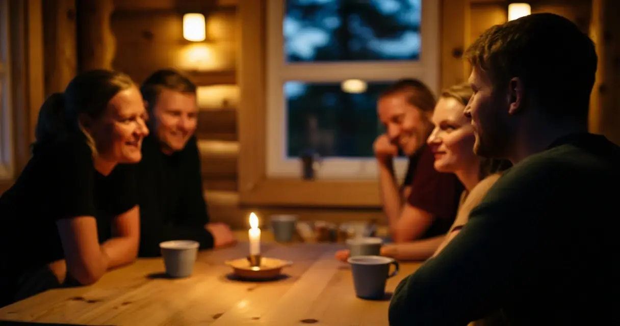 Kaveriporukka syv&auml;llisess&auml; keskustelussa m&ouml;kki-illassa kynttil&auml;nvalossa