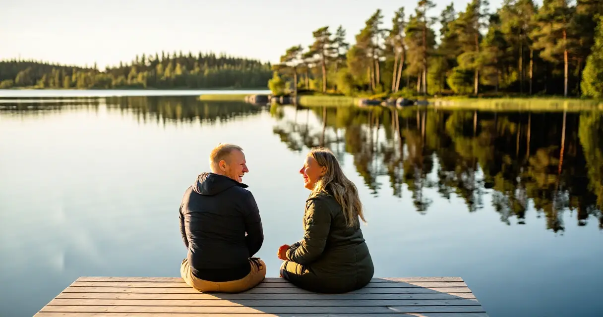 Kaksi yst&auml;v&auml;&auml; istuu laiturin reunalla j&auml;rvell&auml; ja nauraa aurinkoisessa s&auml;&auml;ss&auml;