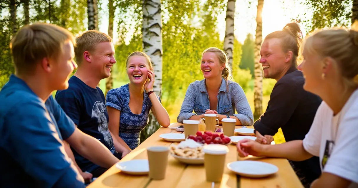 Yst&auml;v&auml;t nauravat yhdess&auml; ulkona suomalaisessa kes&auml;illassa