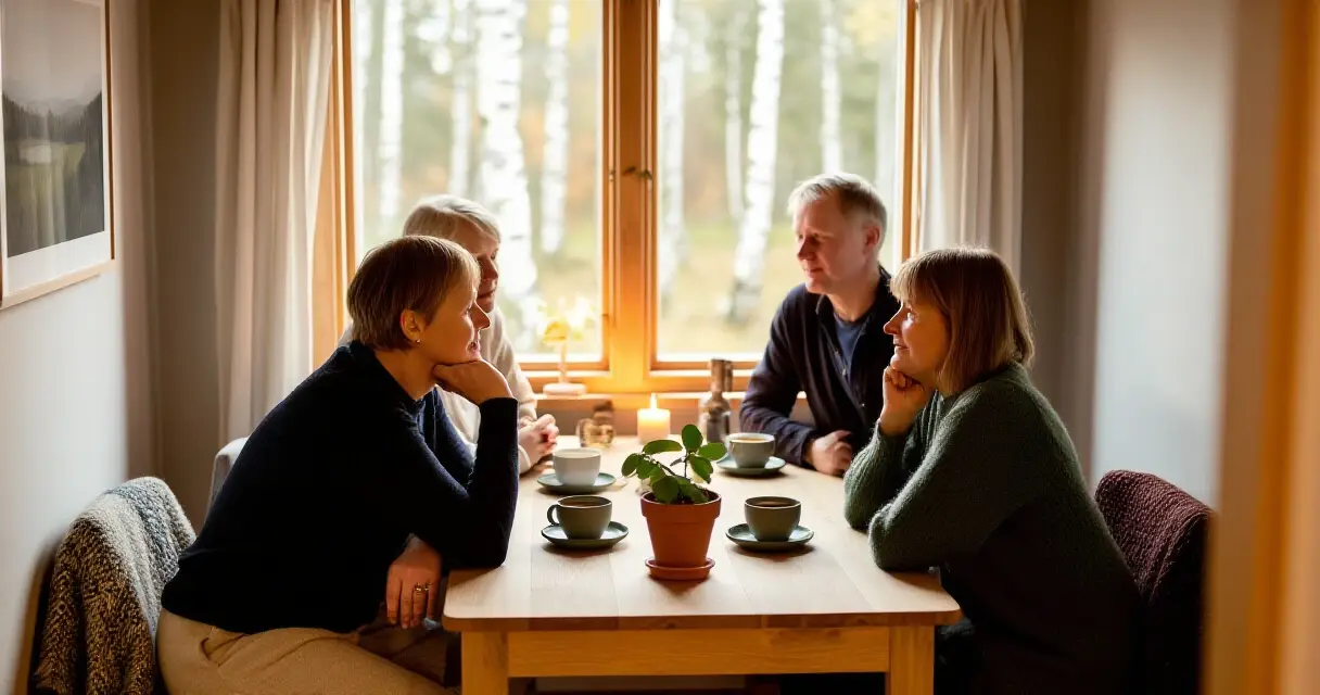 Aikuisia ihmisiä tutustumassa rennosti puisen pöydän ääressä pohjoismaisessa kodissa