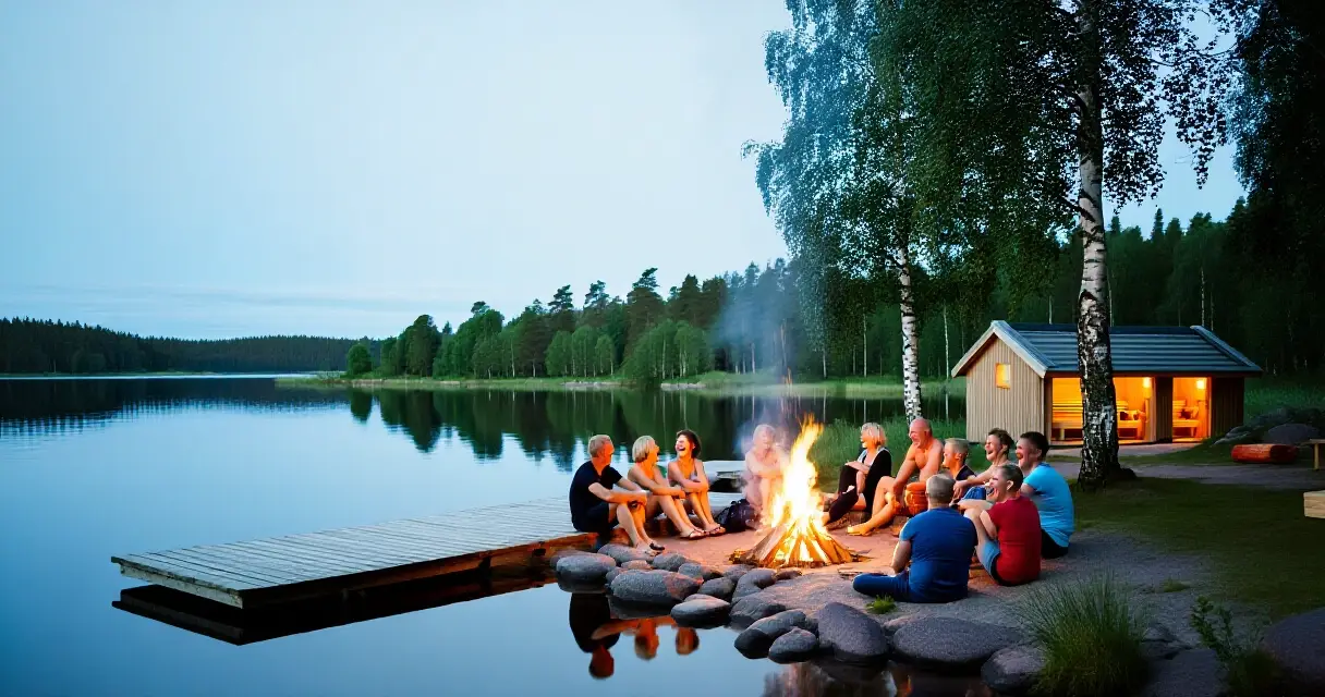 Aikuiset istuvat kokon &auml;&auml;rell&auml; suomalaisella j&auml;rvenrannalla juhannusy&ouml;n&auml;