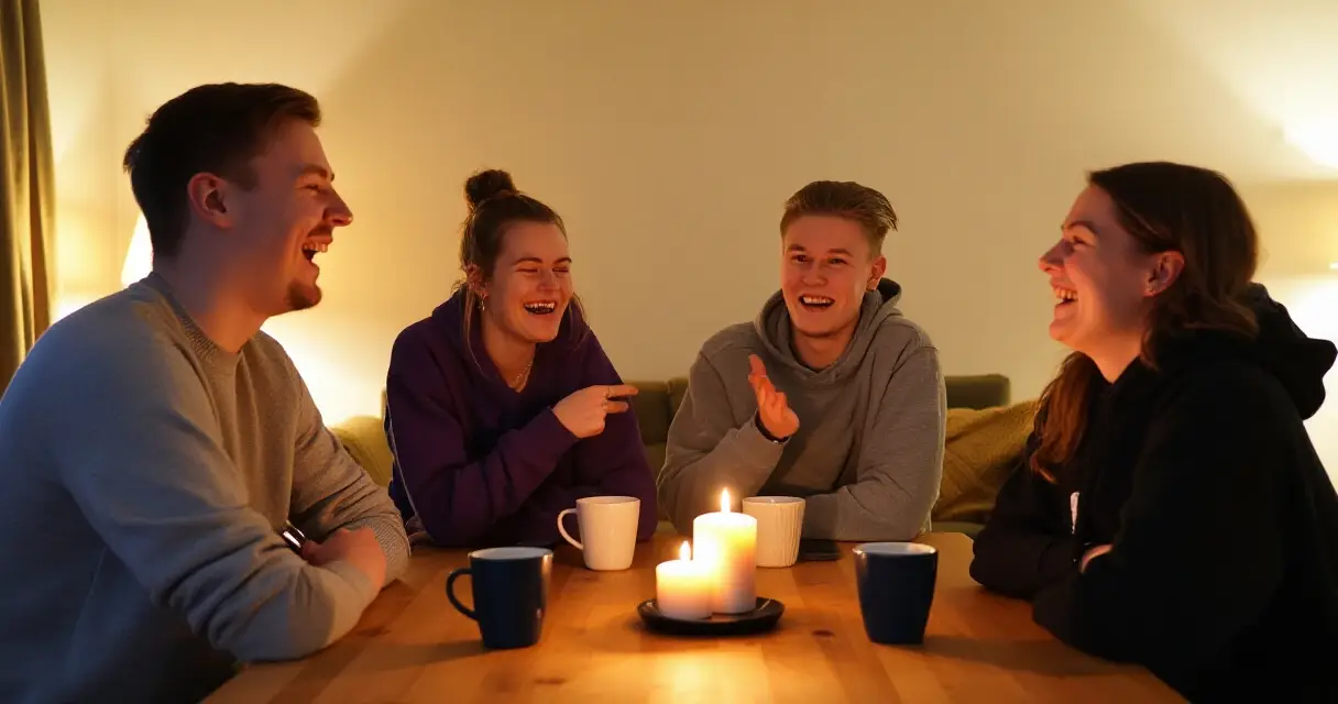 Yst&auml;v&auml;porukka nauraa yhdess&auml; hassuja kysymyksi&auml; pelaten kotona