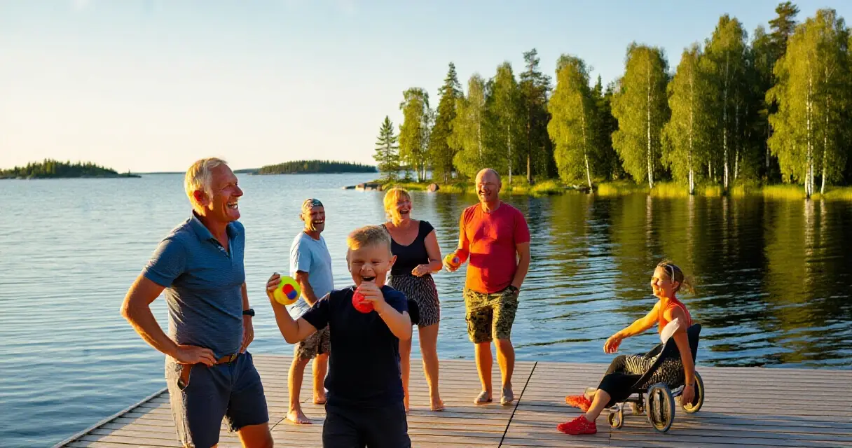 Aikuiset pelaavat pihapelej&auml; juhannuksena j&auml;rven rannalla