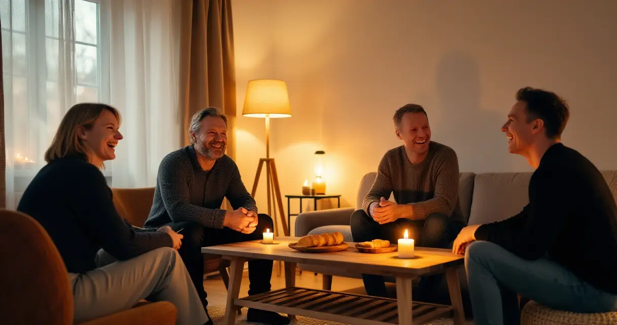 Ystäväporukka istuu yhdessä olohuoneessa pelaamassa kysymyskorttipeliä