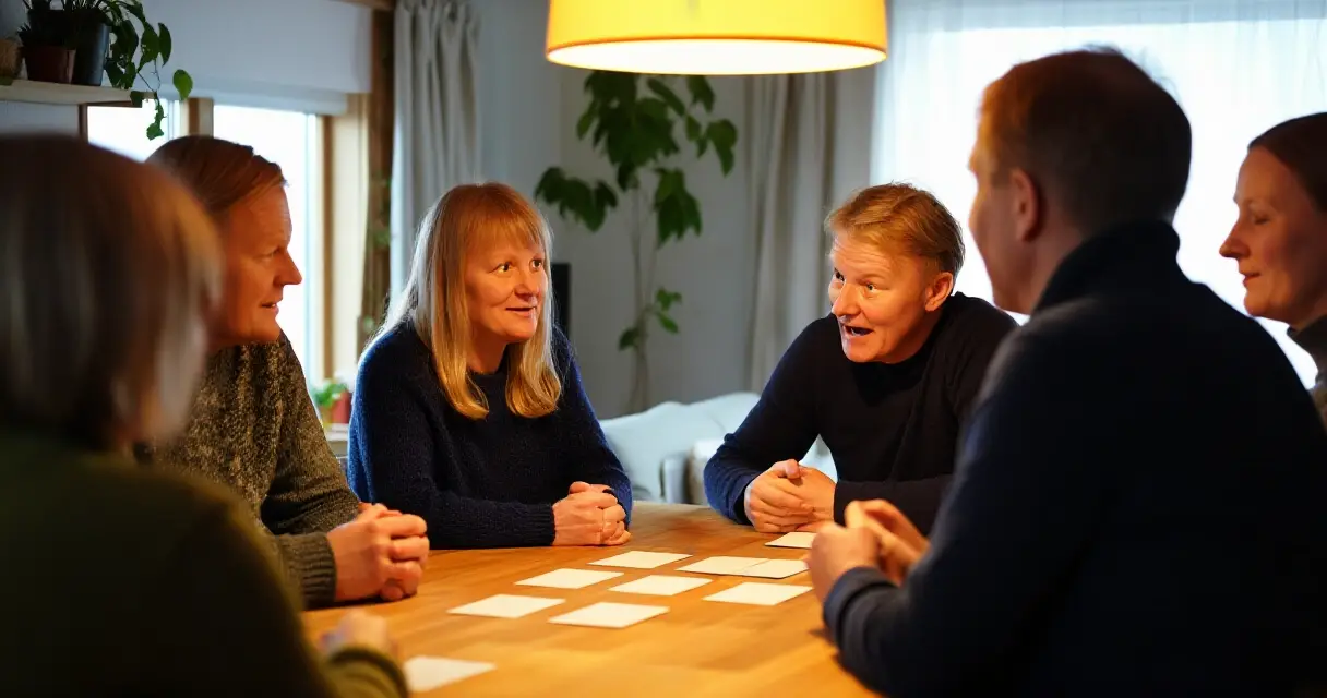 Aikuiset pelaavat tietovisaa kodinomaisessa suomalaisessa sisätilassa